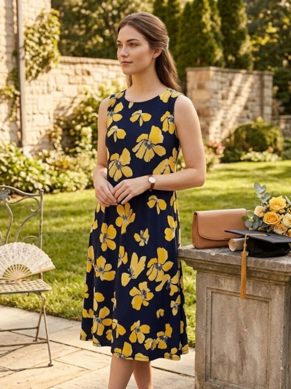 Anne Klein Floral Summer Dress Siz 10 Flowy Midi Casual Wedding Guest Graduation